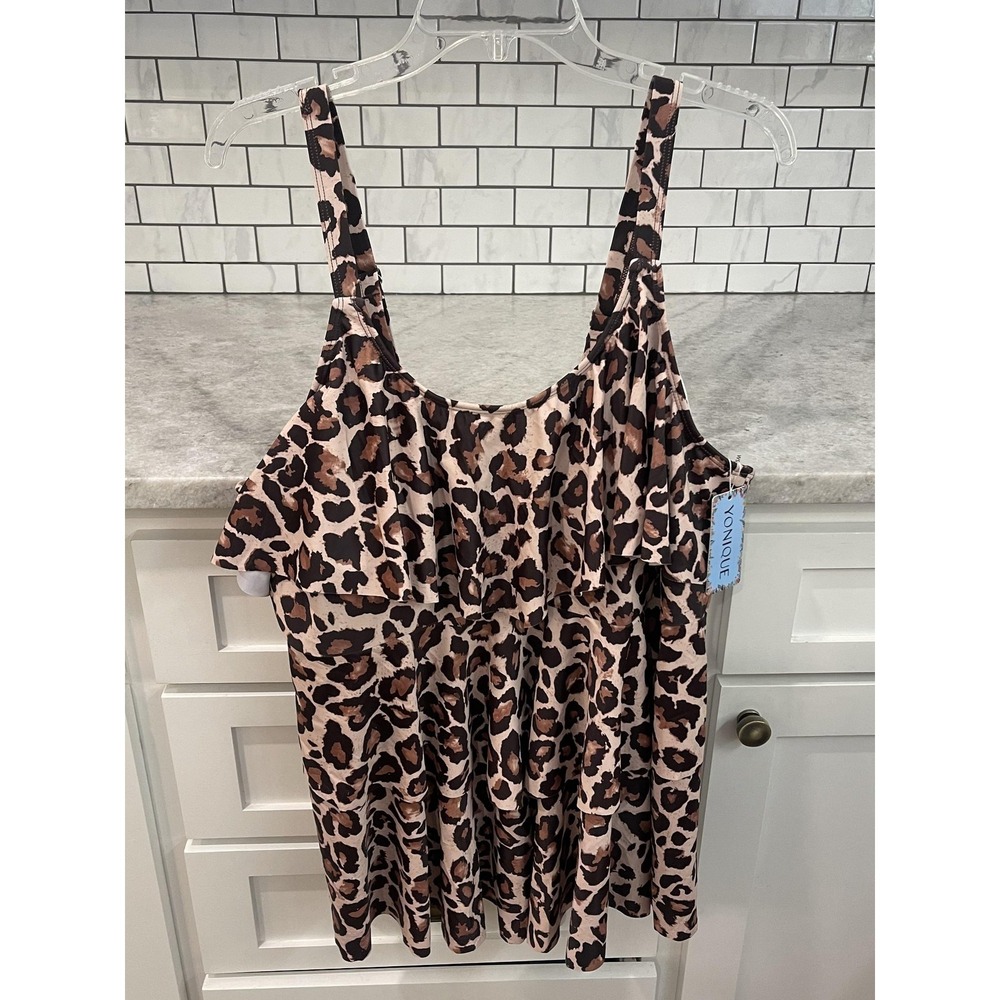 Yonique Swimdress Swimsuit Womens 22W‎ Brown Leopard Print Ruffle Tank Plus